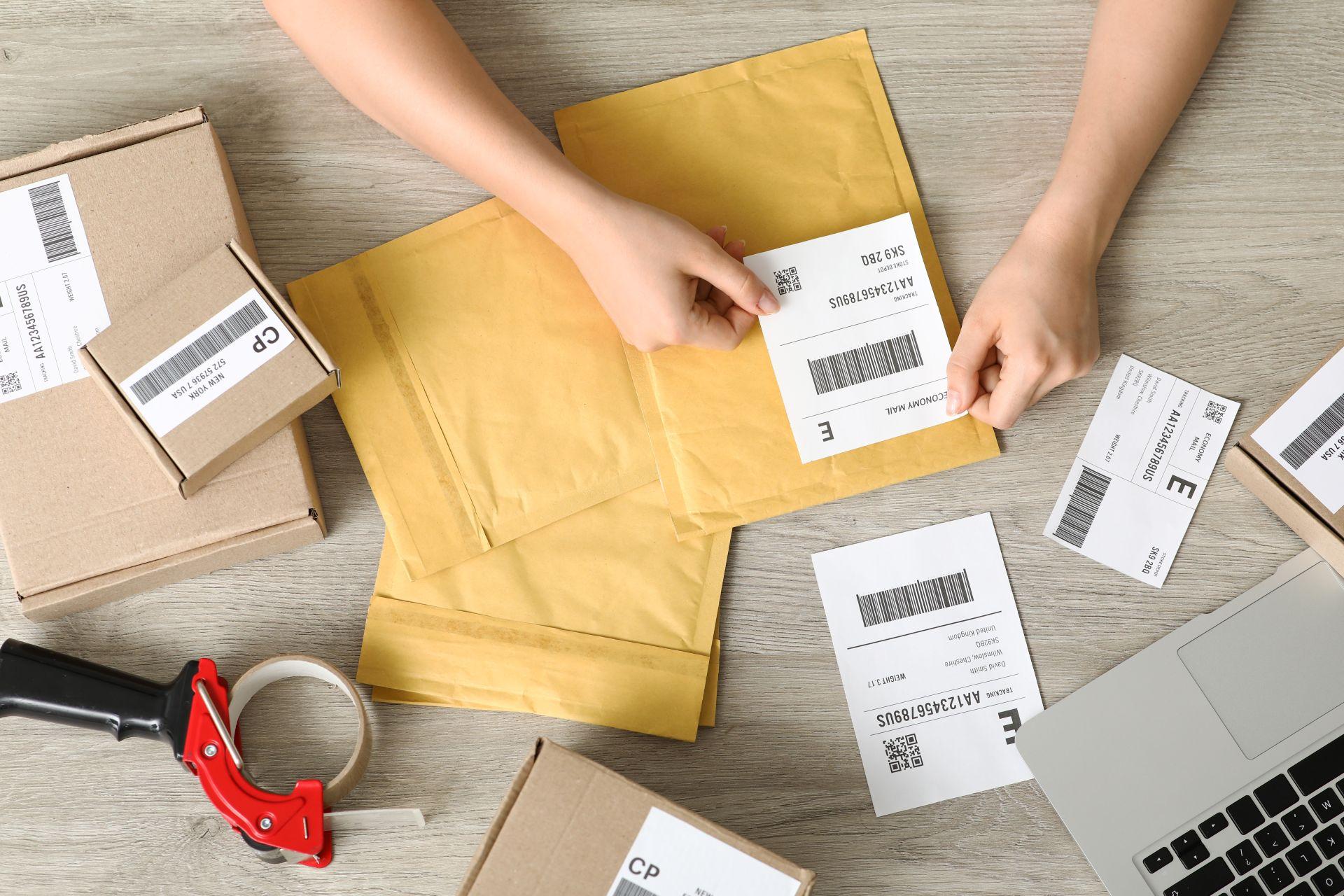 haende kleben versandetikett auf paket und briefumschlag mit laptop im hintergrund
