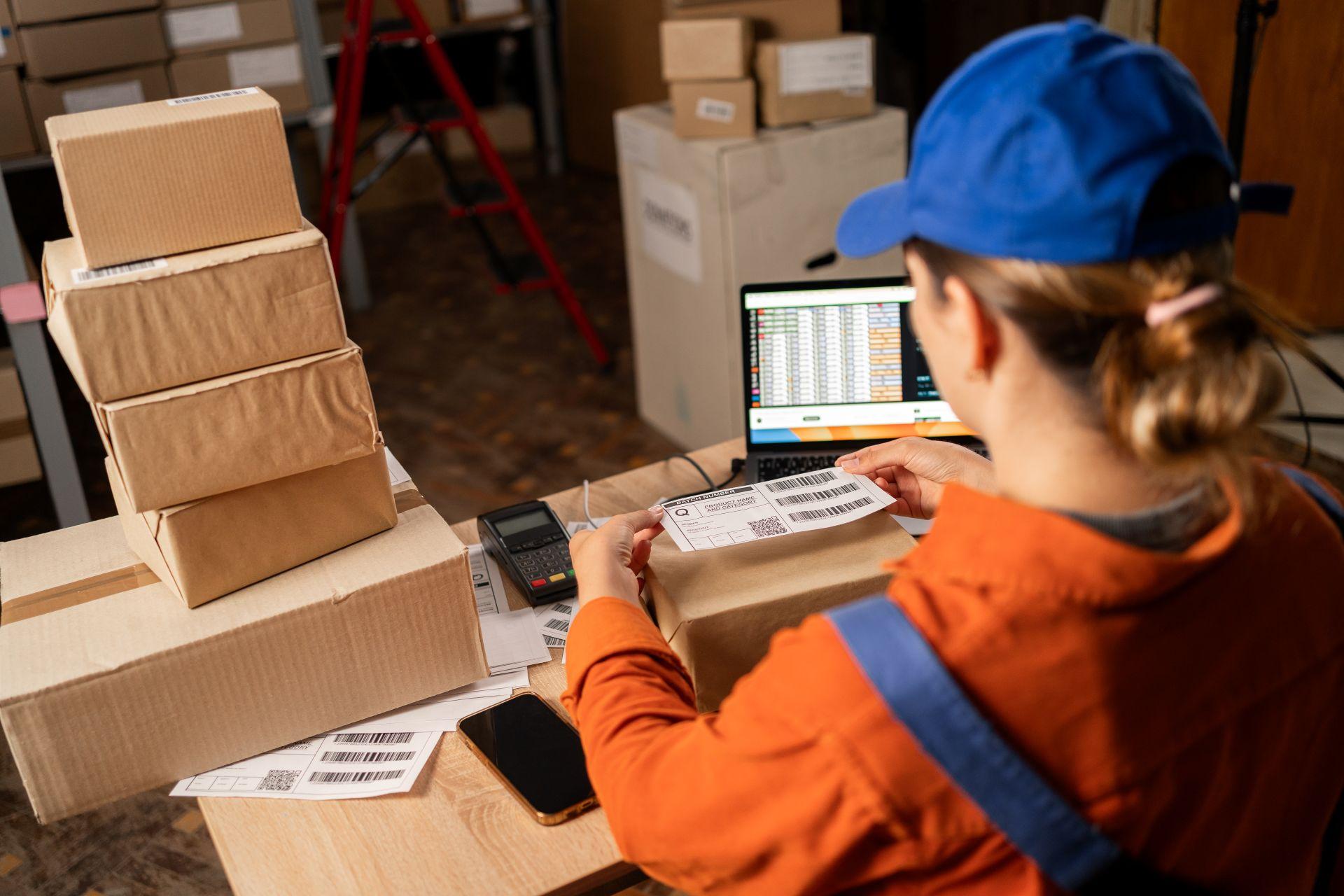 lagerarbeiterin klebt barcode etikett auf paket am packtisch mit computer und scanner