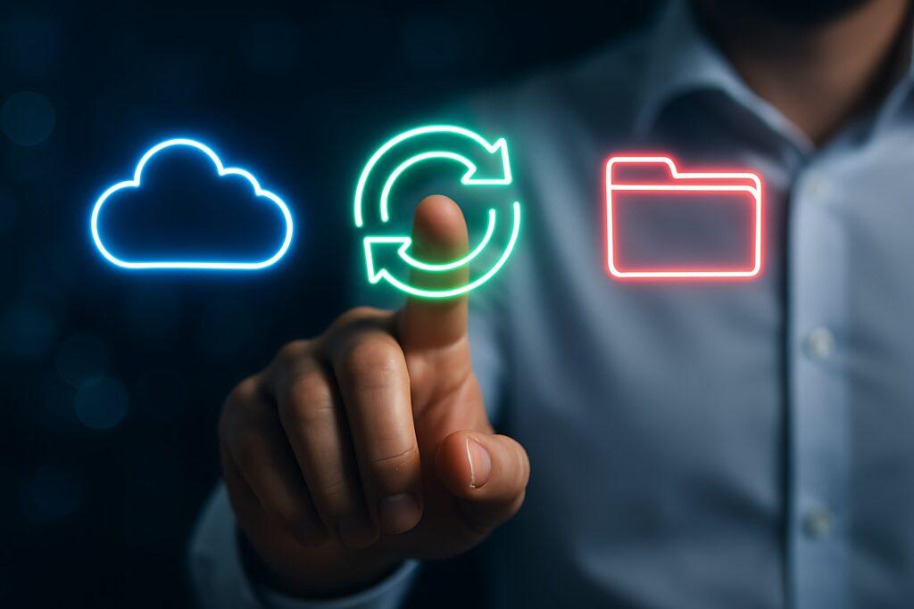 Mann bedient digitale Cloud-Symbole zur Datensynchronisation | Solar Großhandel